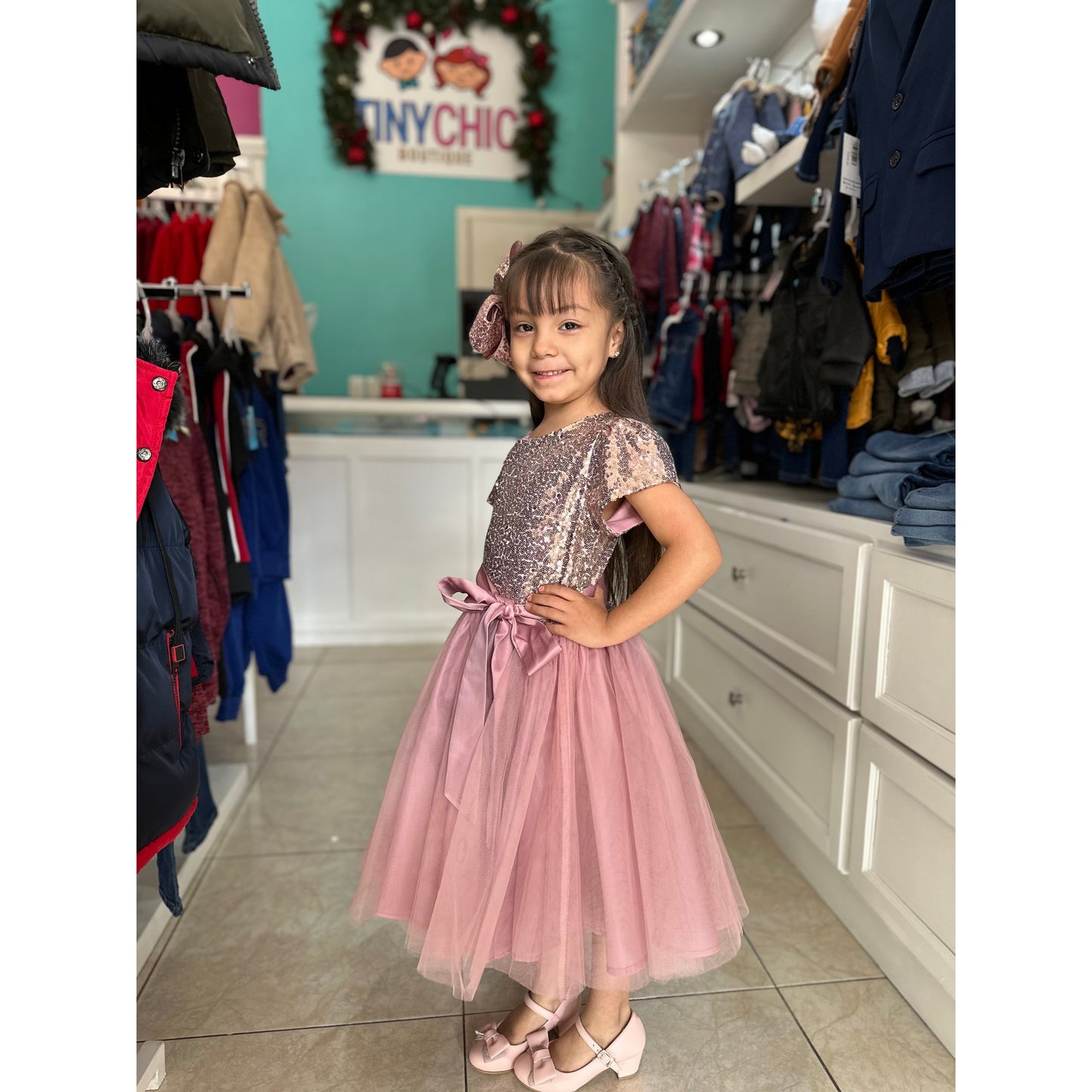Vestido Mangas Lentejuela Lila Para Niña