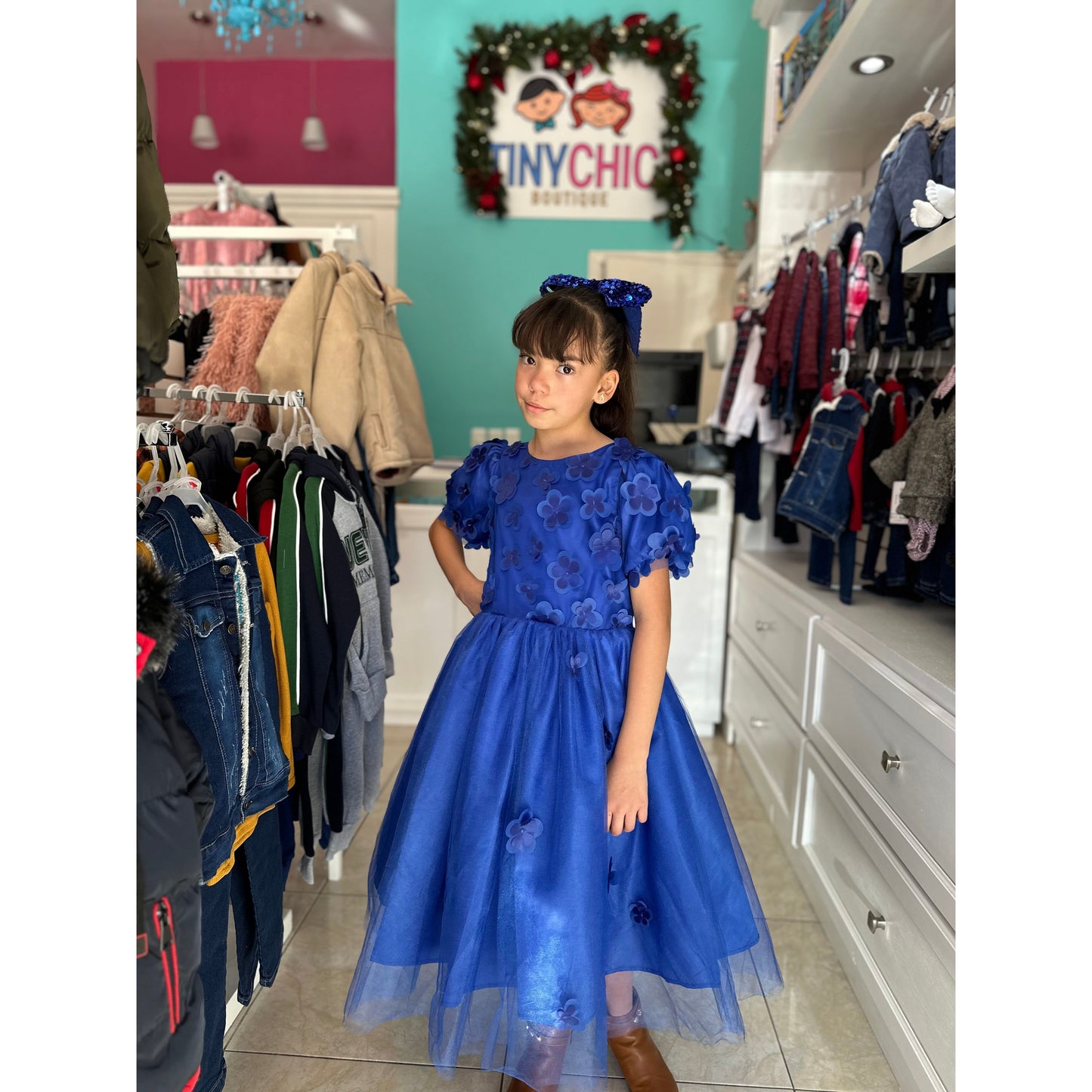 Vestido Flores 3D Azul Rey Para Niña