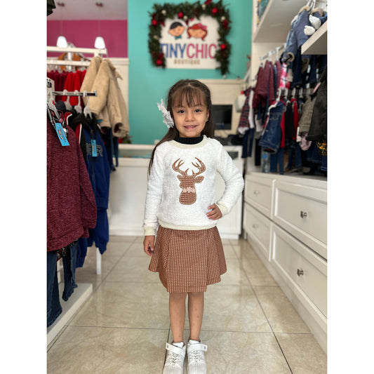 Conjunto Sueter Reno y Falda Para Niña