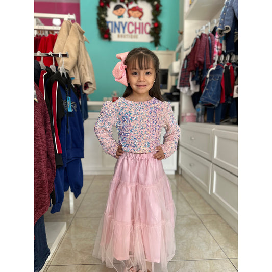 Conjunto De 2 Piezas Sueter Lentejuela y Falda Crop Para Niña