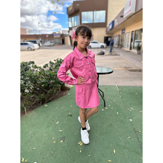 Conjunto Vinil Saco y Falda Rosa Para Niña