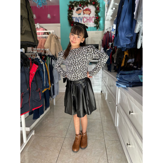 Conjunto Leopardo Falda Vinil Con Bolsa Para Niña