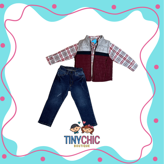 Conjunto 3 Piezas Chaleco Guinda Para Niño