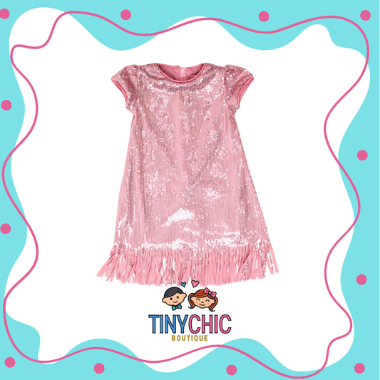 Vestido Batita Lentejuelas Rosa Claro y Negro Para Niña